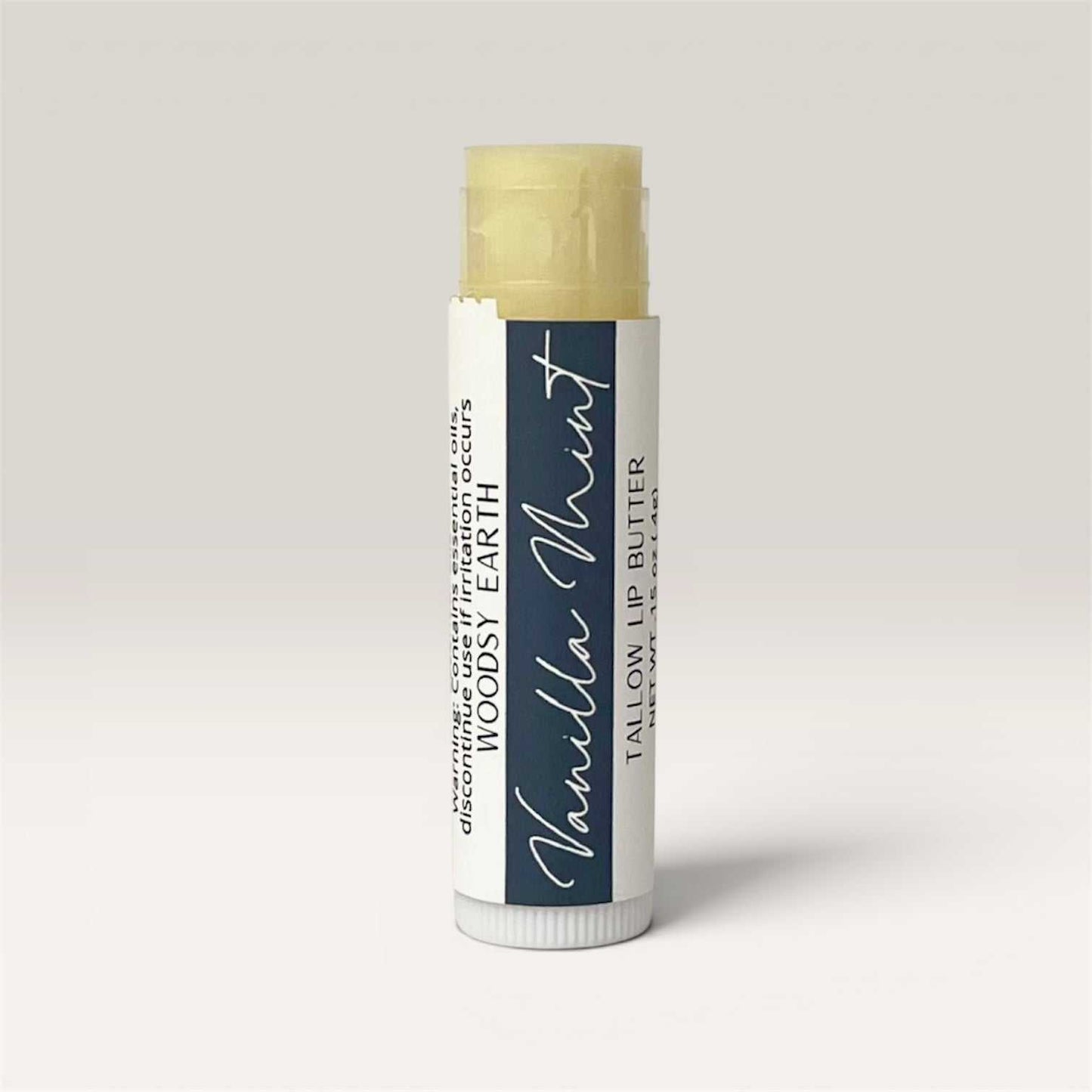 Vanilla Mint Tallow Lip Butter .15oz tin with creamy texture and natural ingredients for moisturizing lips