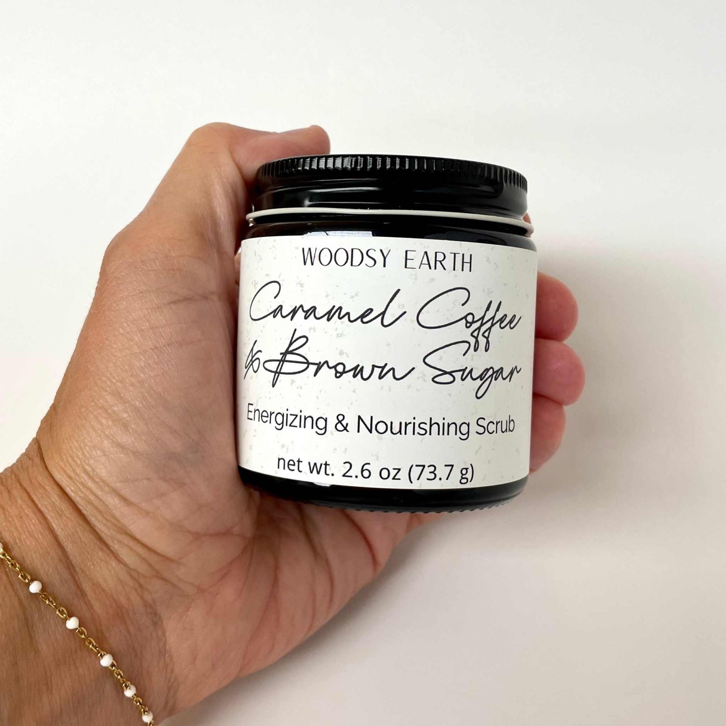 Brown Sugar Scrub jar with caramel coffee exfoliant for hydrated glowing skin