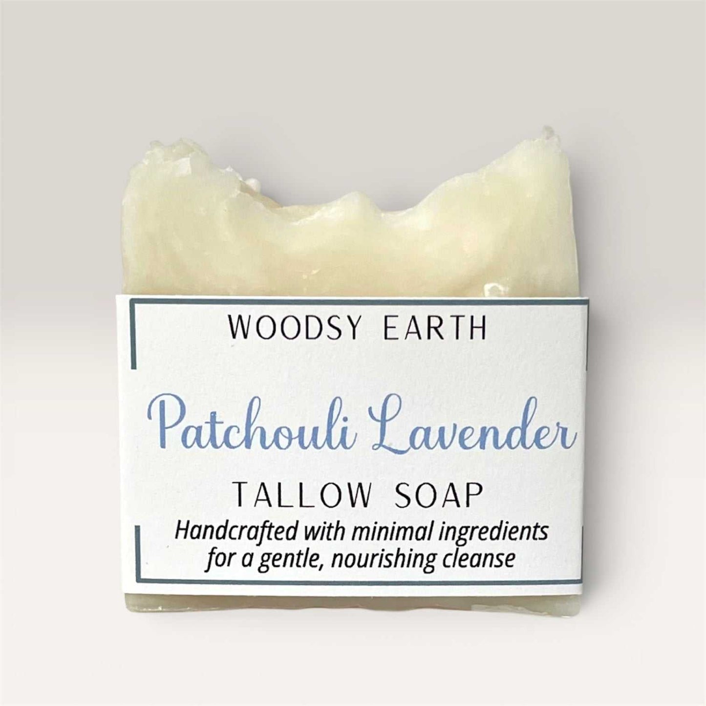 Handcrafted Patchouli Lavender Tallow Soap bar with earthy and calming essential oils