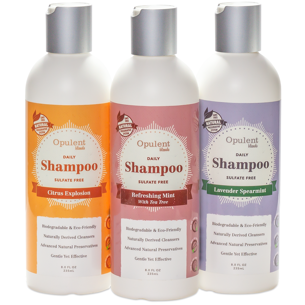 Natural hair shampoos by Opulent Blends in Lavender Spearmint variety, 8 fl oz biodegradable bottle.