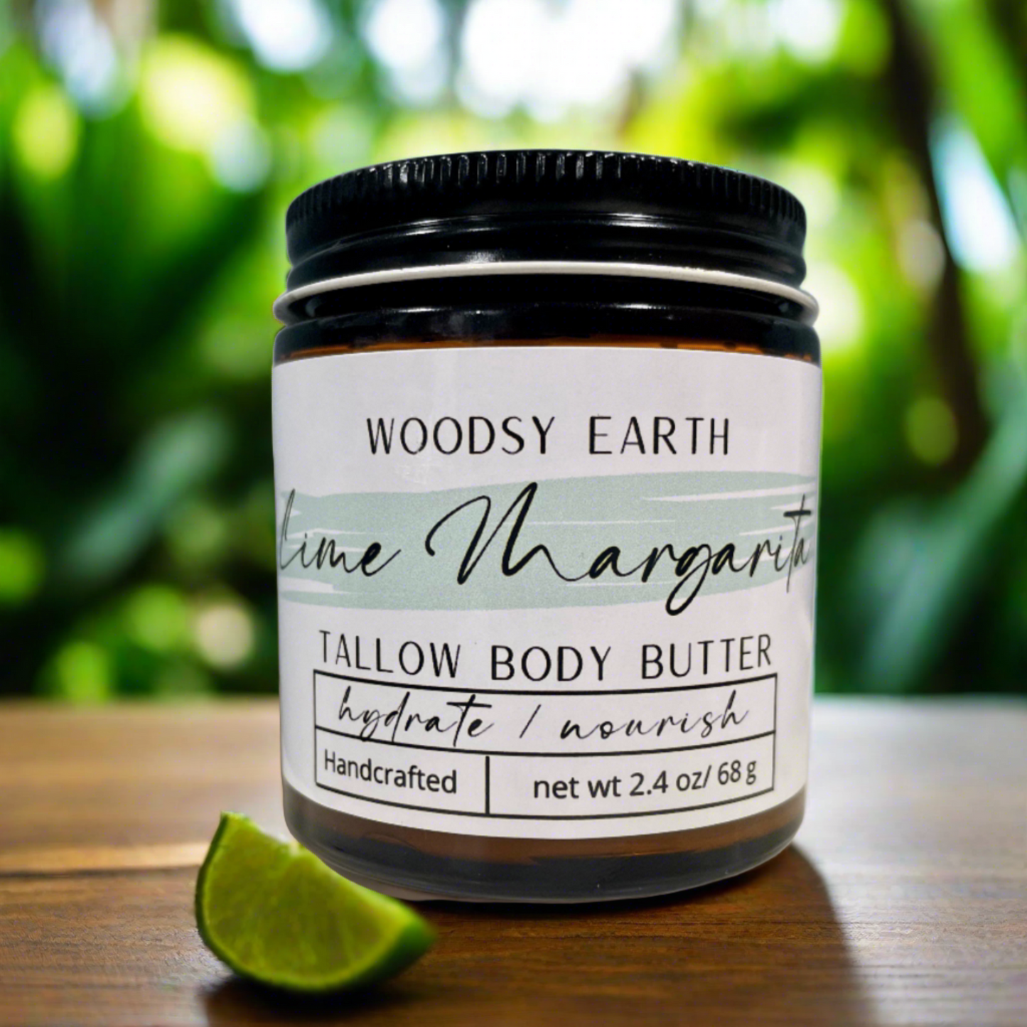 Woodsy Earth Lime Margarita Whipped Body Butter jar displayed on a vibrant background, highlighting its creamy texture and refreshing scent