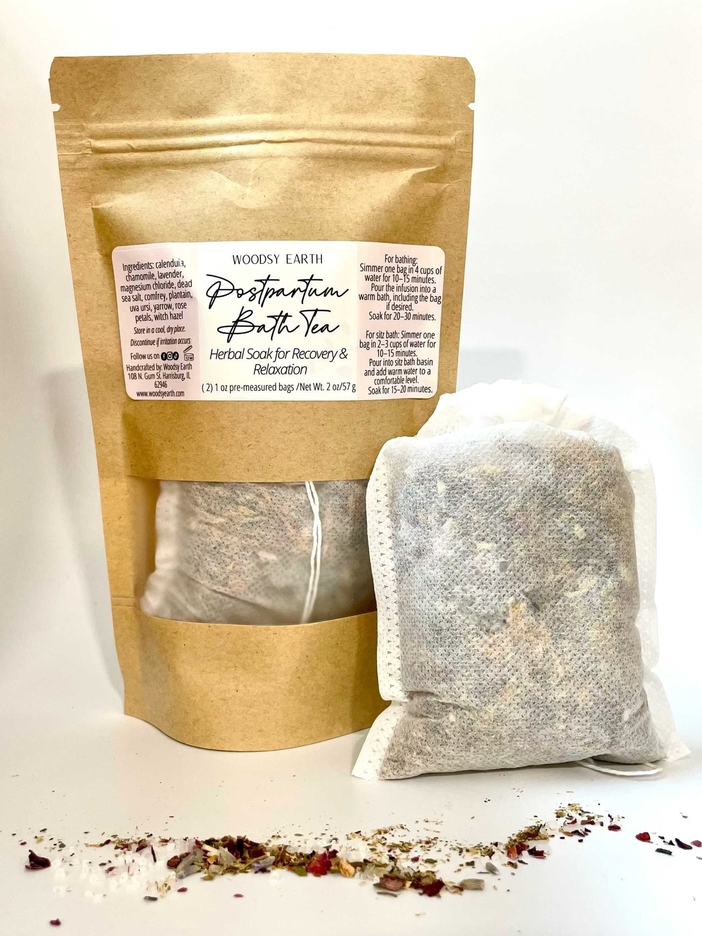 Woodsy Earth Postpartum Bath Tea with kraft pouch and herbal tea bag, natural soak for postpartum recovery, healing, and relaxation