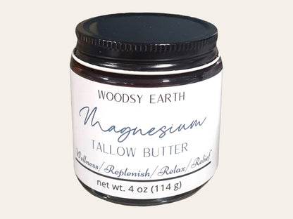 Magnesium butter - grass-fed beef tallow base with st.john's wort and rosemary infused into the tallow to relieve sore muscles and achy joints