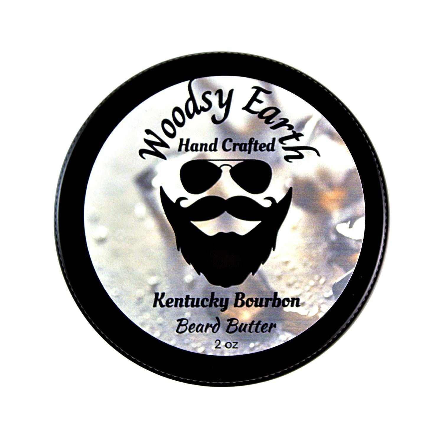 Woodsy Earth Kentucky Bourbon Beard Butter in black tin, handcrafted tallow blend with smooth bourbon and woodsy scent for softening and conditioning beards