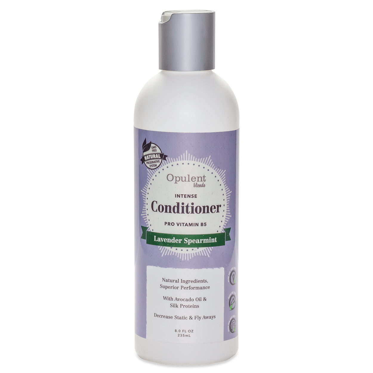 Opulent Blends Lavender Spearmint Natural Hair Conditioner, 8 fl oz bottle.