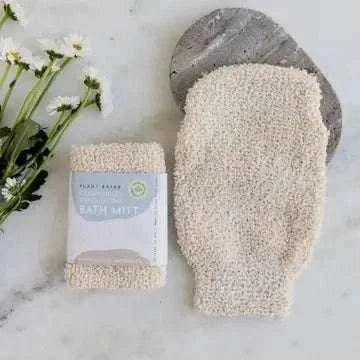 Plant-based ramie bath shower mitt for exfoliating and cleansing skin, made from eco-friendly fibers.