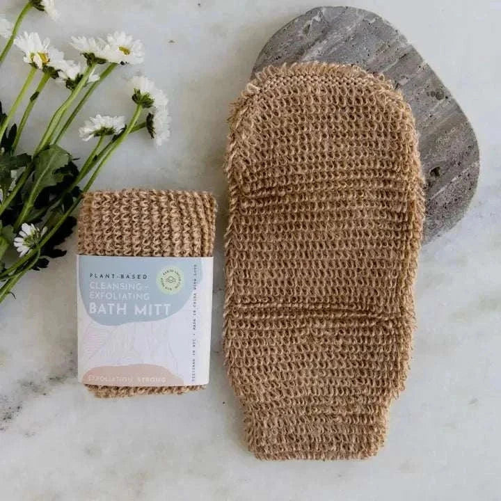 Jute exfoliating bath mitt with packaging, plant-based, natural fiber.