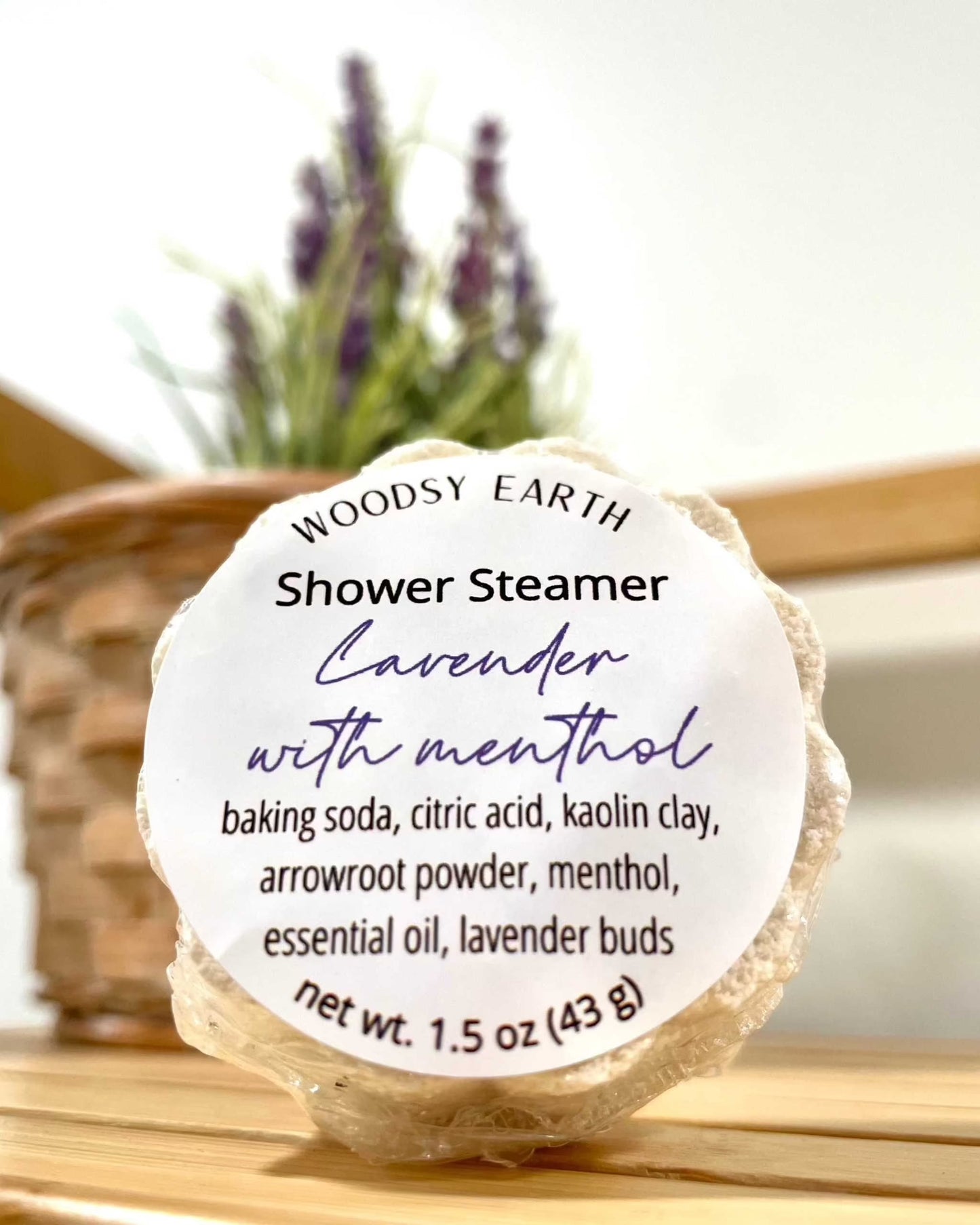 Lavender and menthol shower steamer with natural ingredients, offering a spa-like aromatic experience.