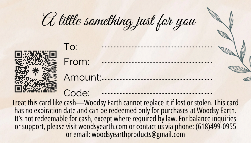 Woodsy Earth Gift Card featuring customizable fields and QR code.