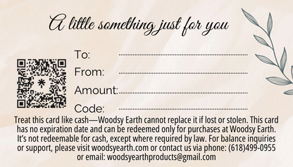 Woodsy Earth Gift Card featuring customizable fields and QR code.