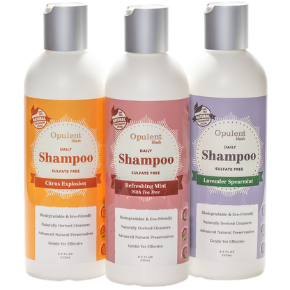 Natural hair shampoos by Opulent Blends in Lavender Spearmint variety, 8 fl oz biodegradable bottle.