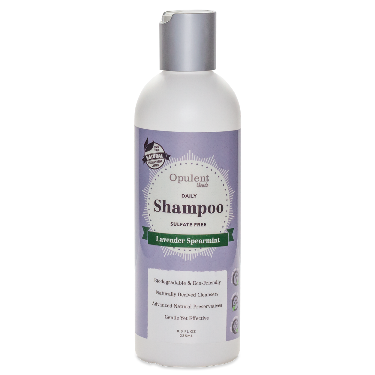 Natural hair shampoos bottle with lavender spearmint scent, 8 fl oz.