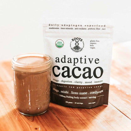 Roots Apothecary Adaptive Cacao superfood with mushrooms and adaptogens for energy, digestion, and immune support.