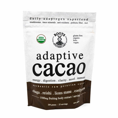 Roots Apothecary Adaptive Cacao superfood with mushrooms and adaptogens, 25 servings.