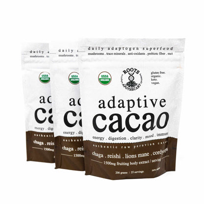 Roots Apothecary Adaptive Cacao superfood blend with mushrooms and adaptogens, 25 servings.