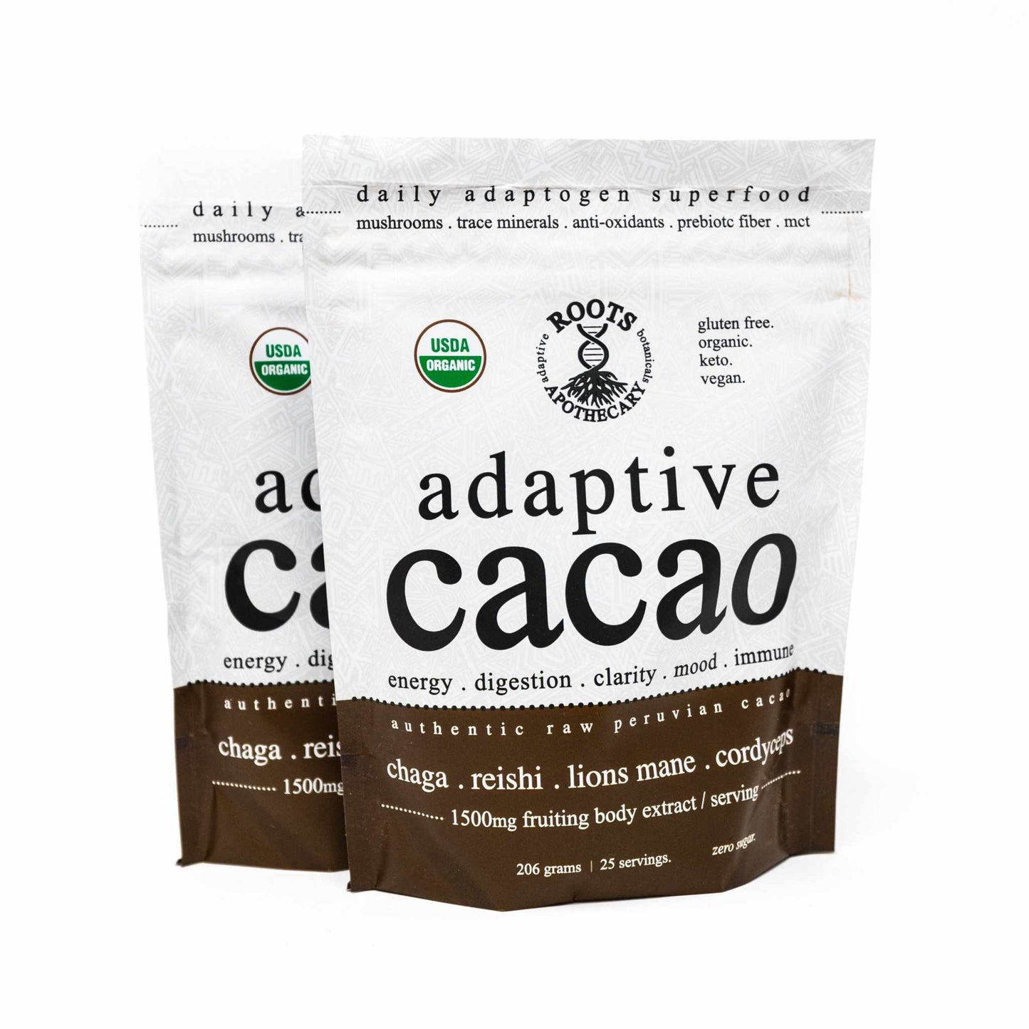 Roots Apothecary Adaptive Cacao with mushrooms and adaptogens, 25 servings.