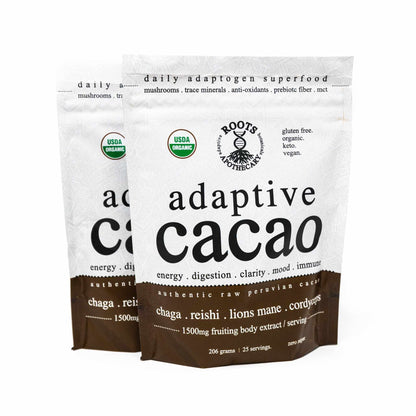 Roots Apothecary Adaptive Cacao with mushrooms and adaptogens, 25 servings.