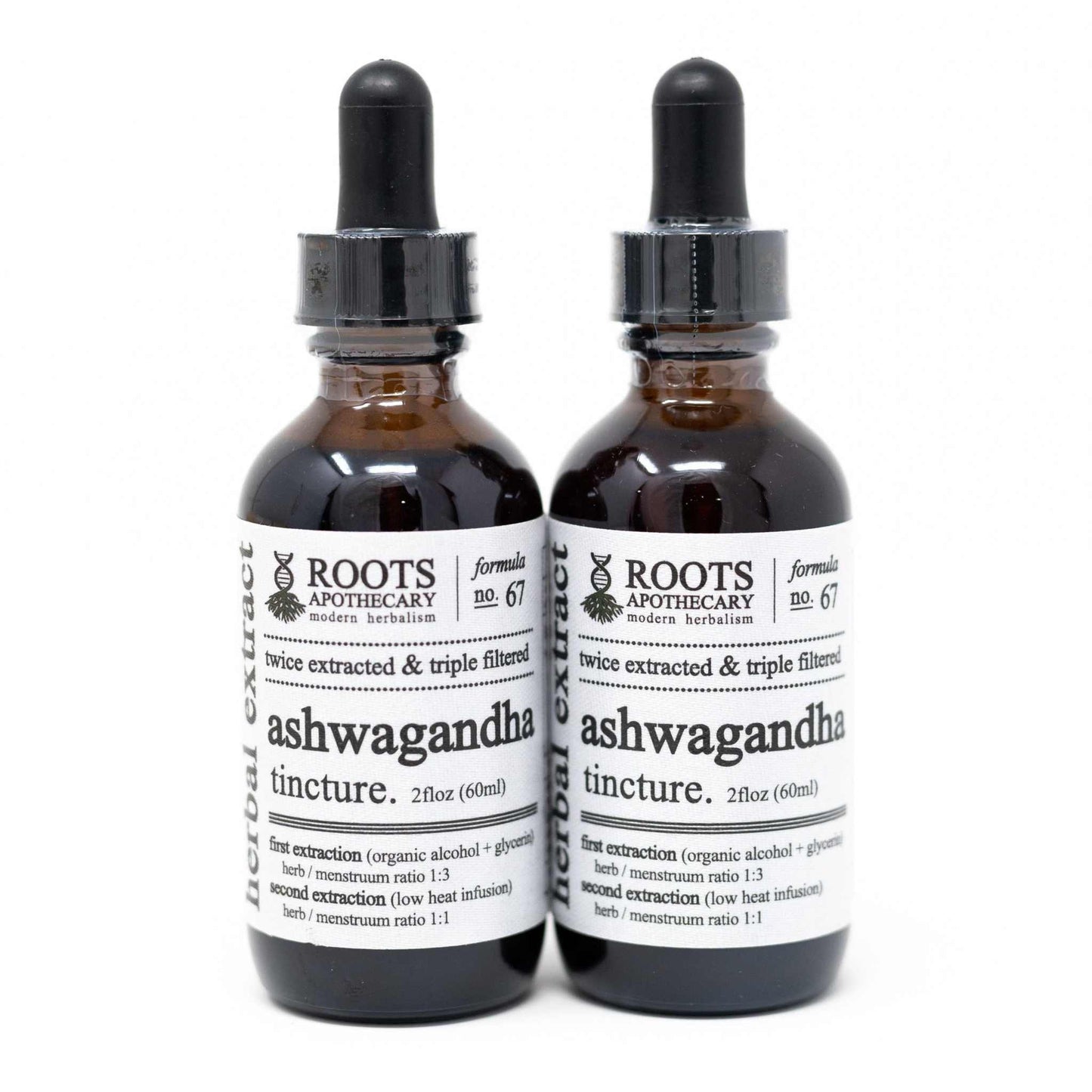 Roots Apothecary organic Ashwagandha tincture bottles.