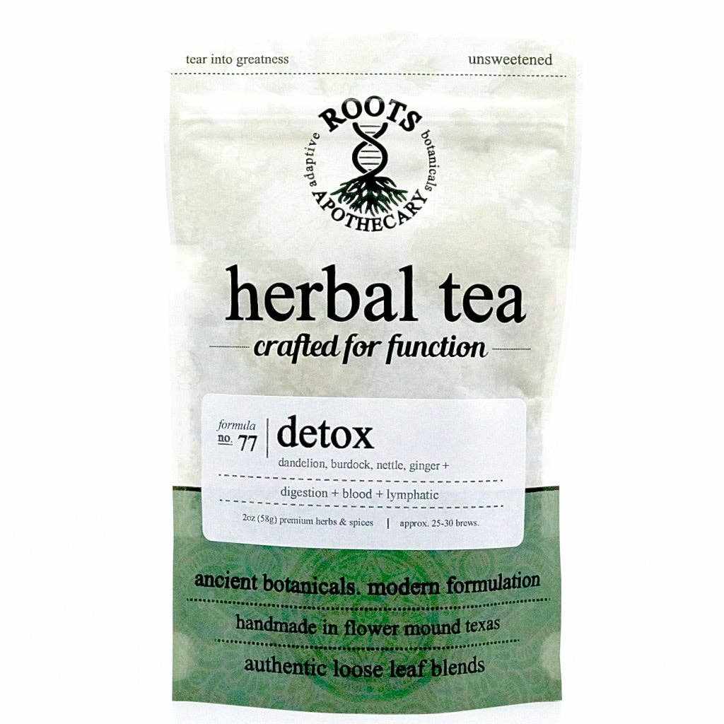 Roots Apothecary Detox Tea package with organic herbal blend for digestive and self-cleansing support.