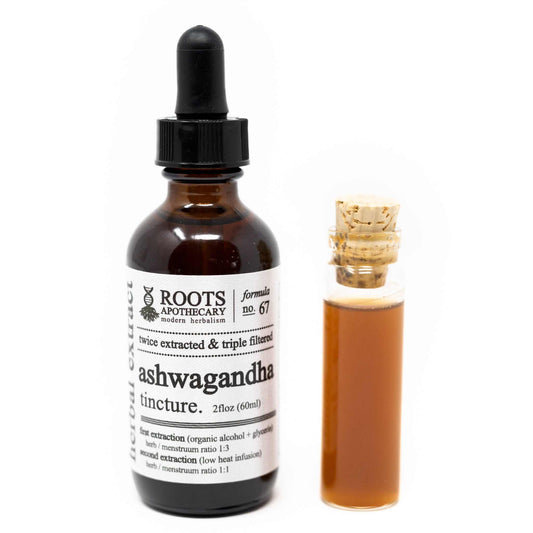 Roots Apothecary Ashwagandha tincture bottle with organic label