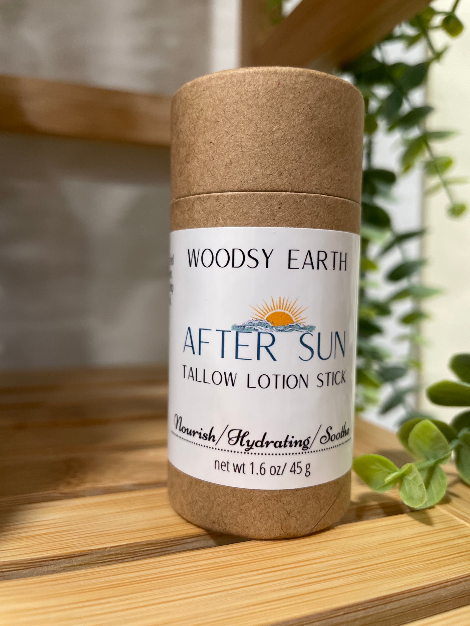 Woodsy Earth After Sun Lotion Bar displayed on a wooden surface with natural lighting