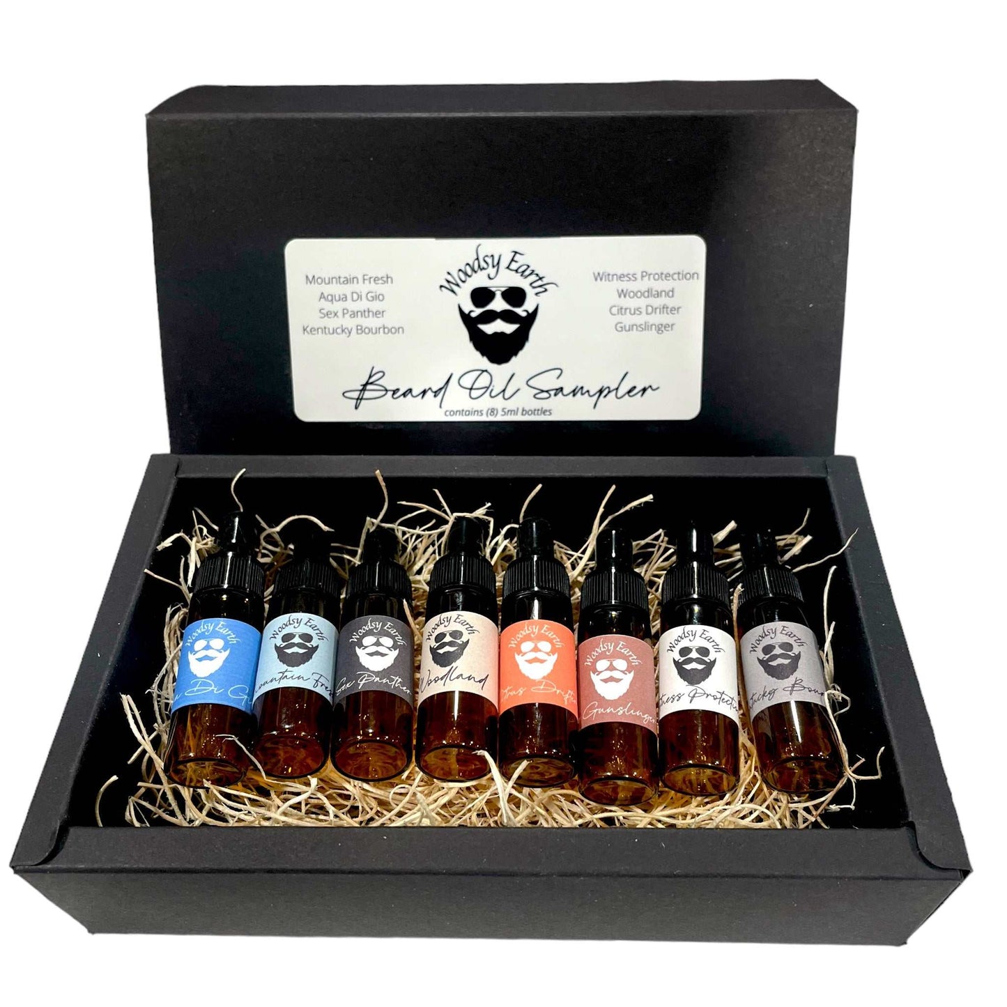 Beard Oil Sampler set with eight 5 ml dropper bottles in assorted scents.