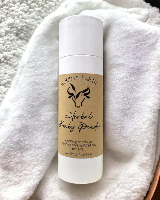 Woodsy Earth Botanical Powder Dry Shampoo container displayed on a clean background, highlighting its natural ingredients for refreshing and volumizing hair