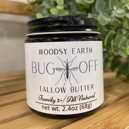 Woodsy Earth Bug Off Tallow Butter jar displayed on a natural background, designed for effective insect repellent protection