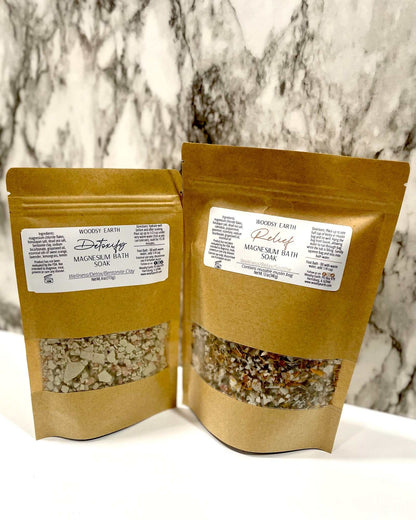 Two bags of Magnesium Bath Soak, ideal for detox baths with natural ingredients like Magnesium Chloride and Dead Sea Salt.