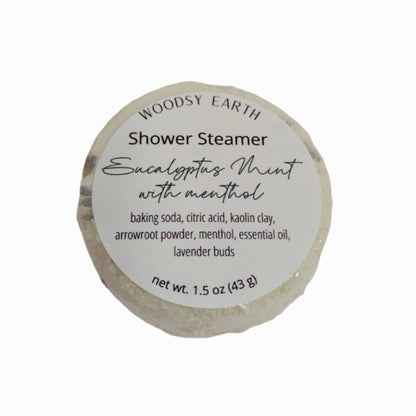 Eucalyptus Mint & Menthol Revitalizing Shower Steamer with lavender buds packaging.