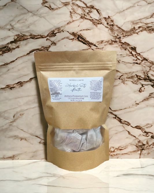 Woodsy Earth Herbal Sitz Bath package displayed on a calming background, highlighting its soothing herbal blend for relaxation and comfort