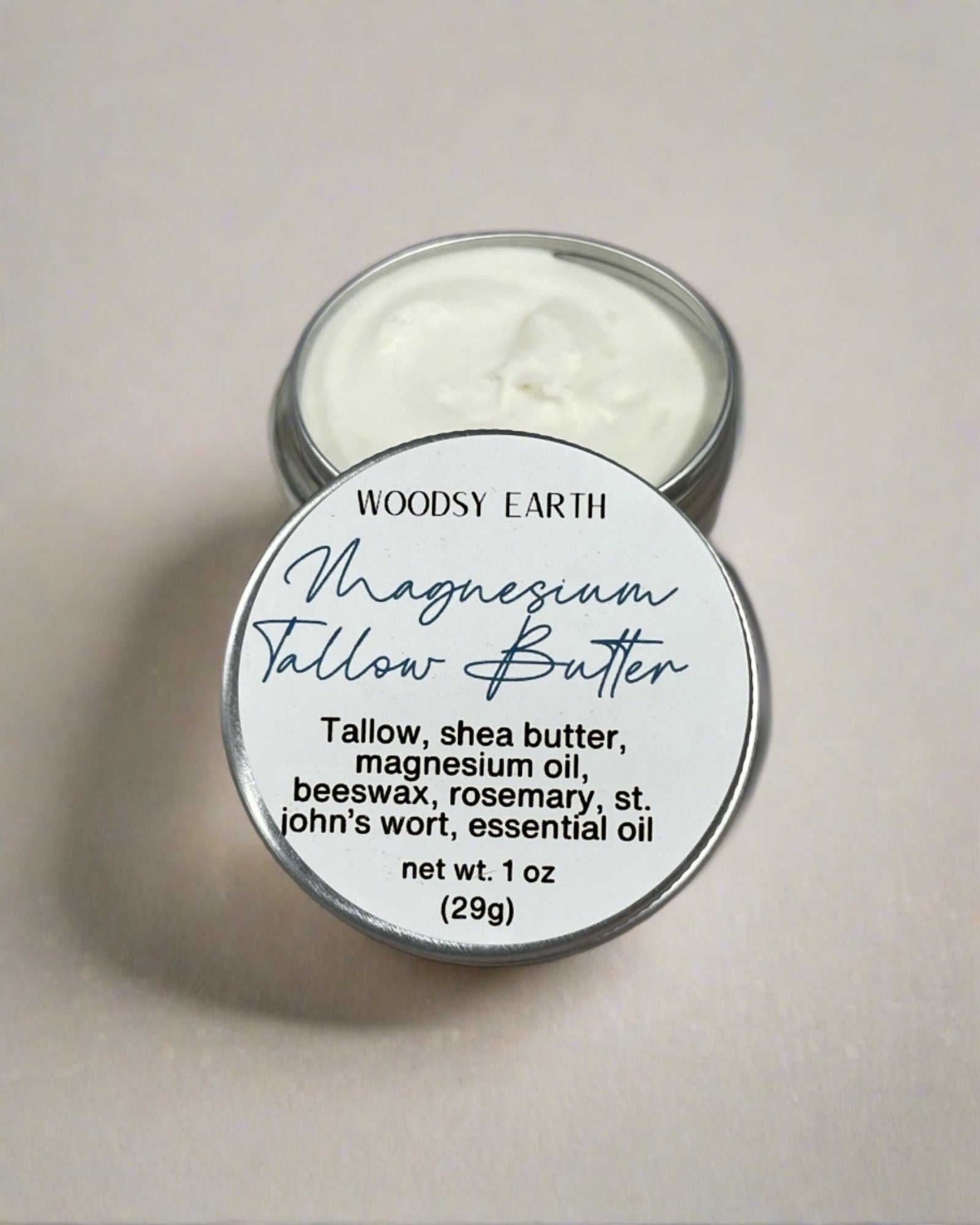 Travel-size magnesium tallow butter in 1 oz tin with screw top, relieves aches and pains, all-natural ingredients.