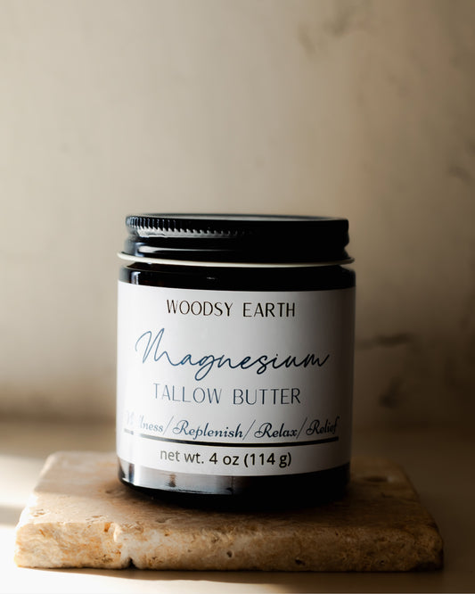 Woodsy Earth Pain Relieving Body Butter jar displayed on a soothing background, highlighting its natural pain relief properties