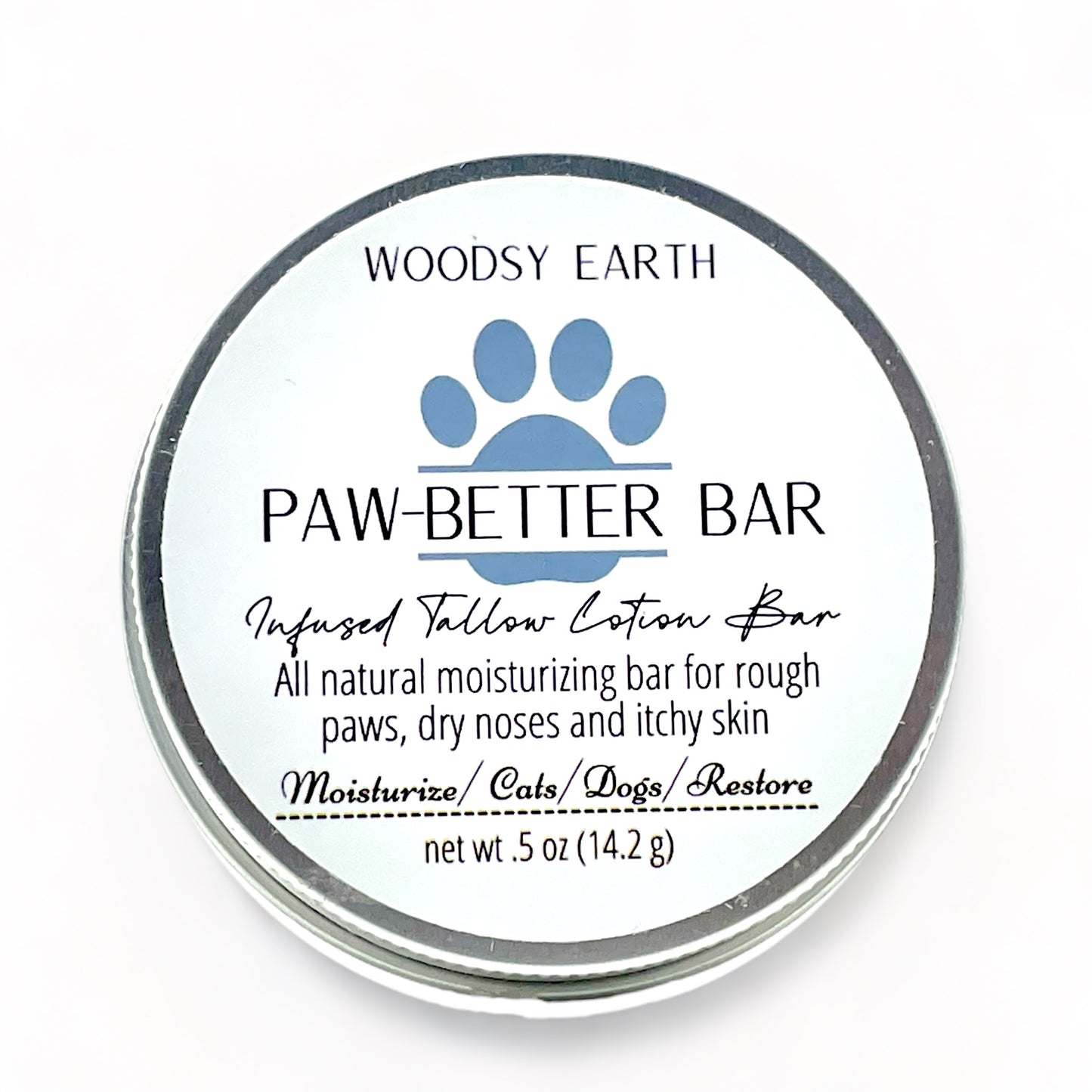 Woodsy Earth Paw Better Lotion Bar for Dogs and Cats displayed on a natural background, highlighting its soothing formula for pet paw care