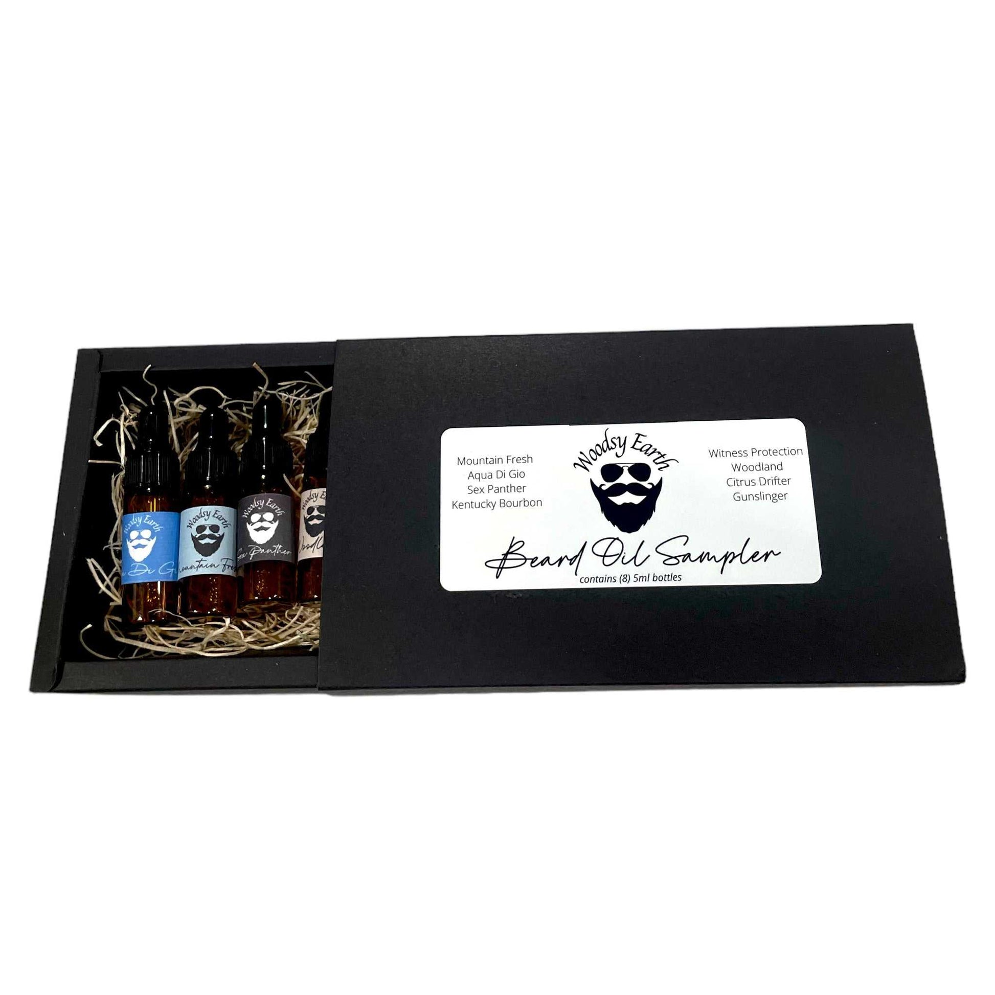 Beard Oil Sampler set with eight 5 ml dropper bottles featuring various scents.