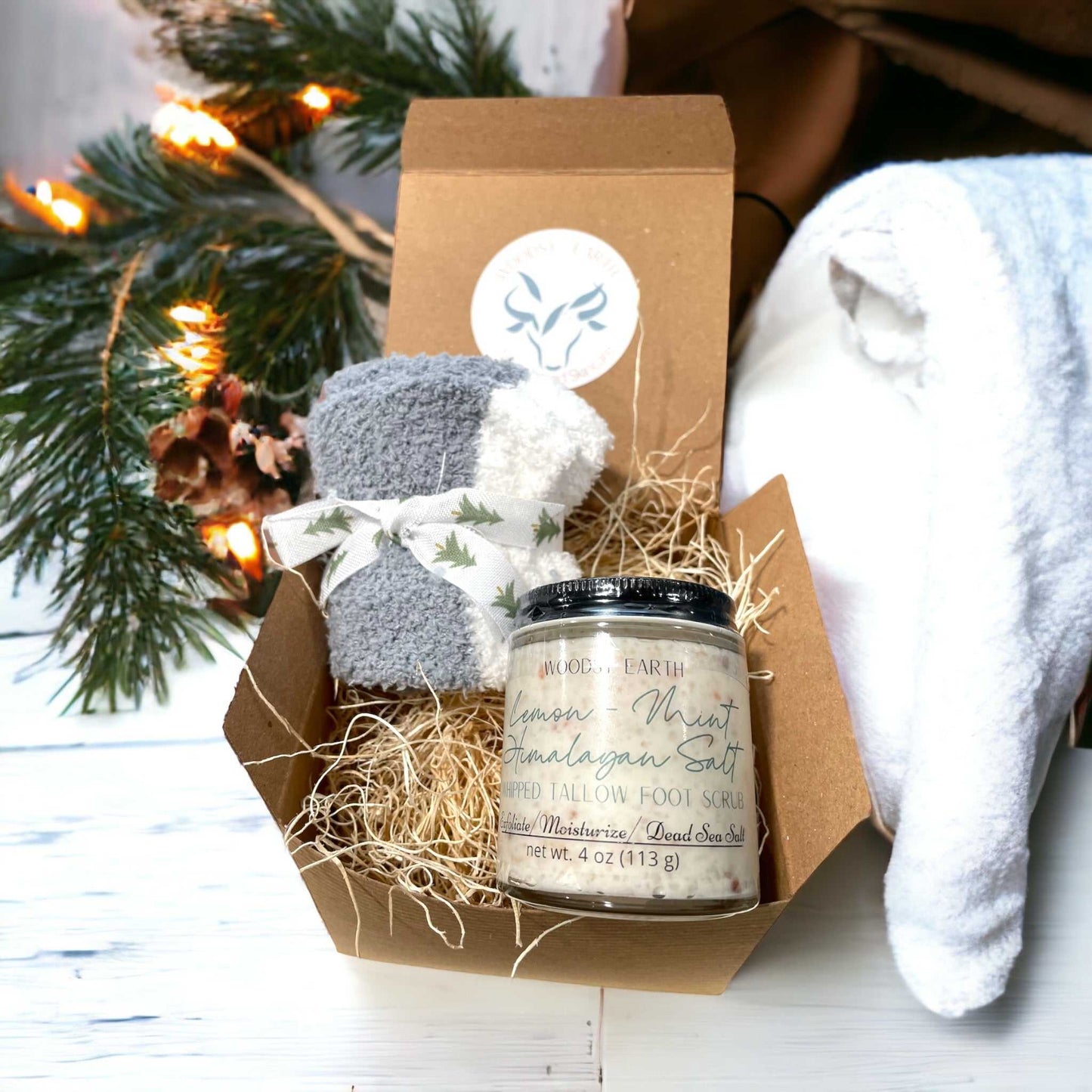 Pampered Feet Gift Set with fuzzy socks and lemon peppermint tallow foot scrub in gift box.