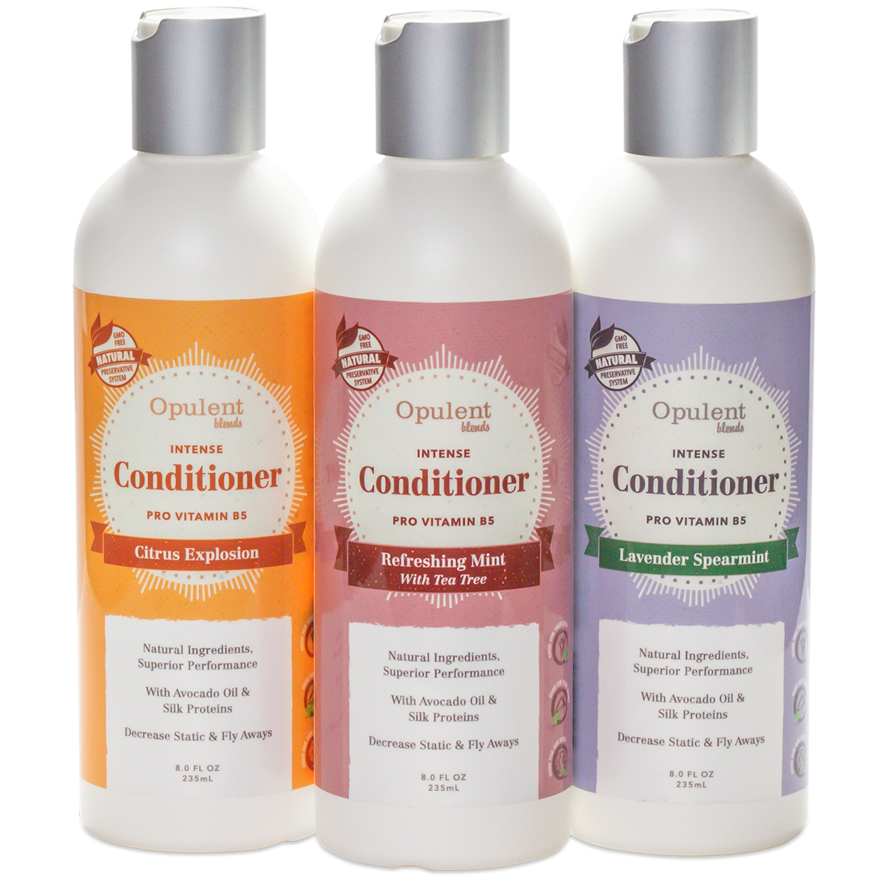 Opulent Blends natural hair conditioner set – Citrus Explosion, Refreshing Mint with Tea Tree, and Lavender Spearmint – 8 oz bottles with avocado oil and silk proteins