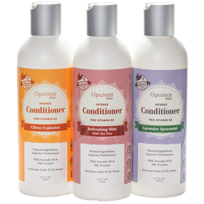 Opulent Blends natural hair conditioner set – Citrus Explosion, Refreshing Mint with Tea Tree, and Lavender Spearmint – 8 oz bottles with avocado oil and silk proteins