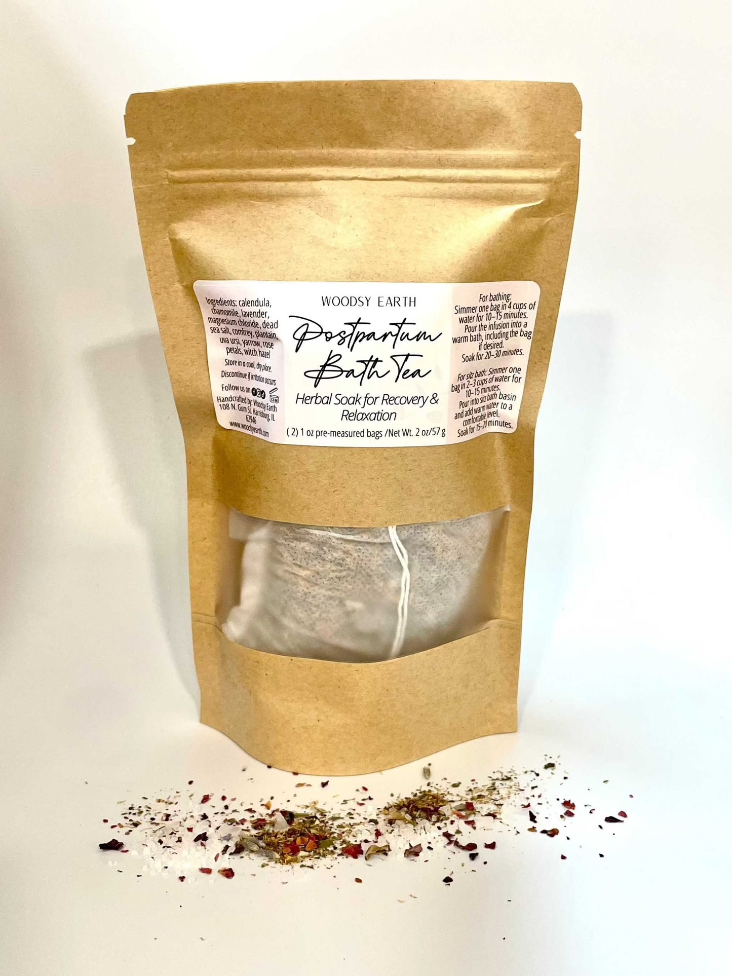 Woodsy Earth Postpartum Bath Tea in kraft eco-friendly pouch, herbal soak for recovery, relaxation, and soothing postpartum care