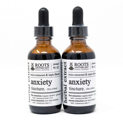 Roots Apothecary Anxiety Tincture bottles, herbal adaptogen extract for stress relief, calm mood, and cognitive balance