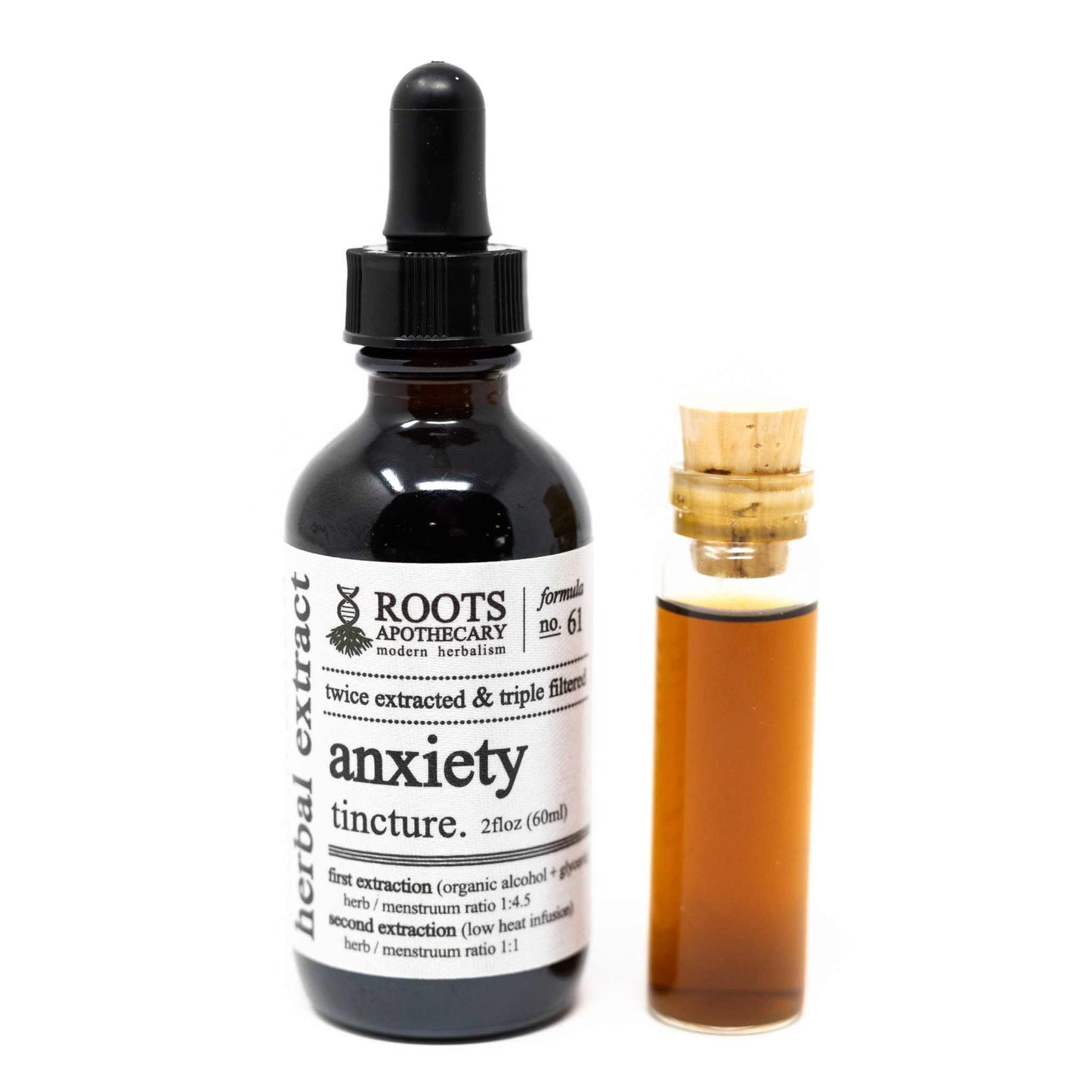 Roots Apothecary Anxiety Tincture bottle with sample vial, herbal adaptogen extract for stress relief, calm mood, and tension support