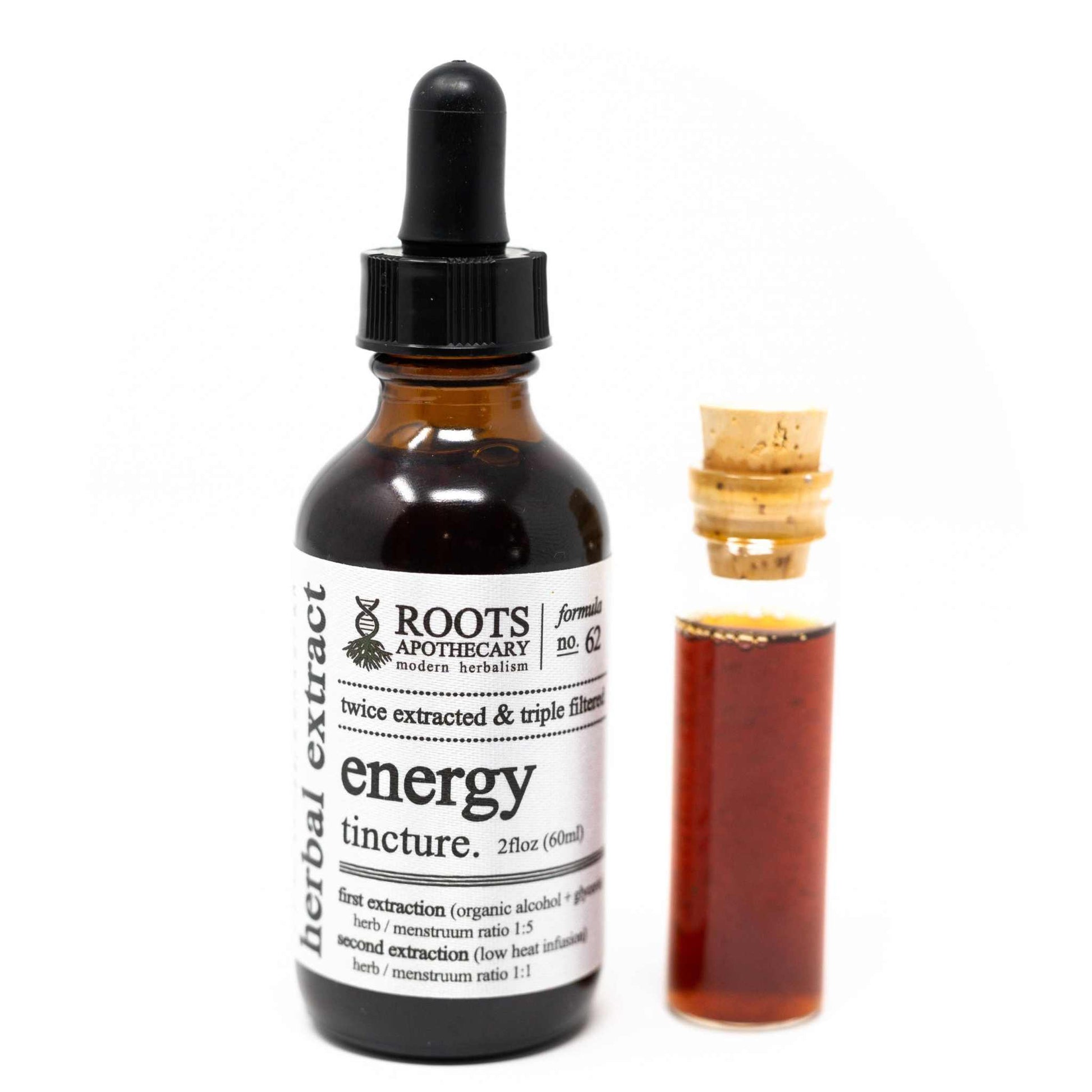 Roots Apothecary Energy Tincture full-size bottle with sample vial, herbal adaptogen extract for natural energy and focus