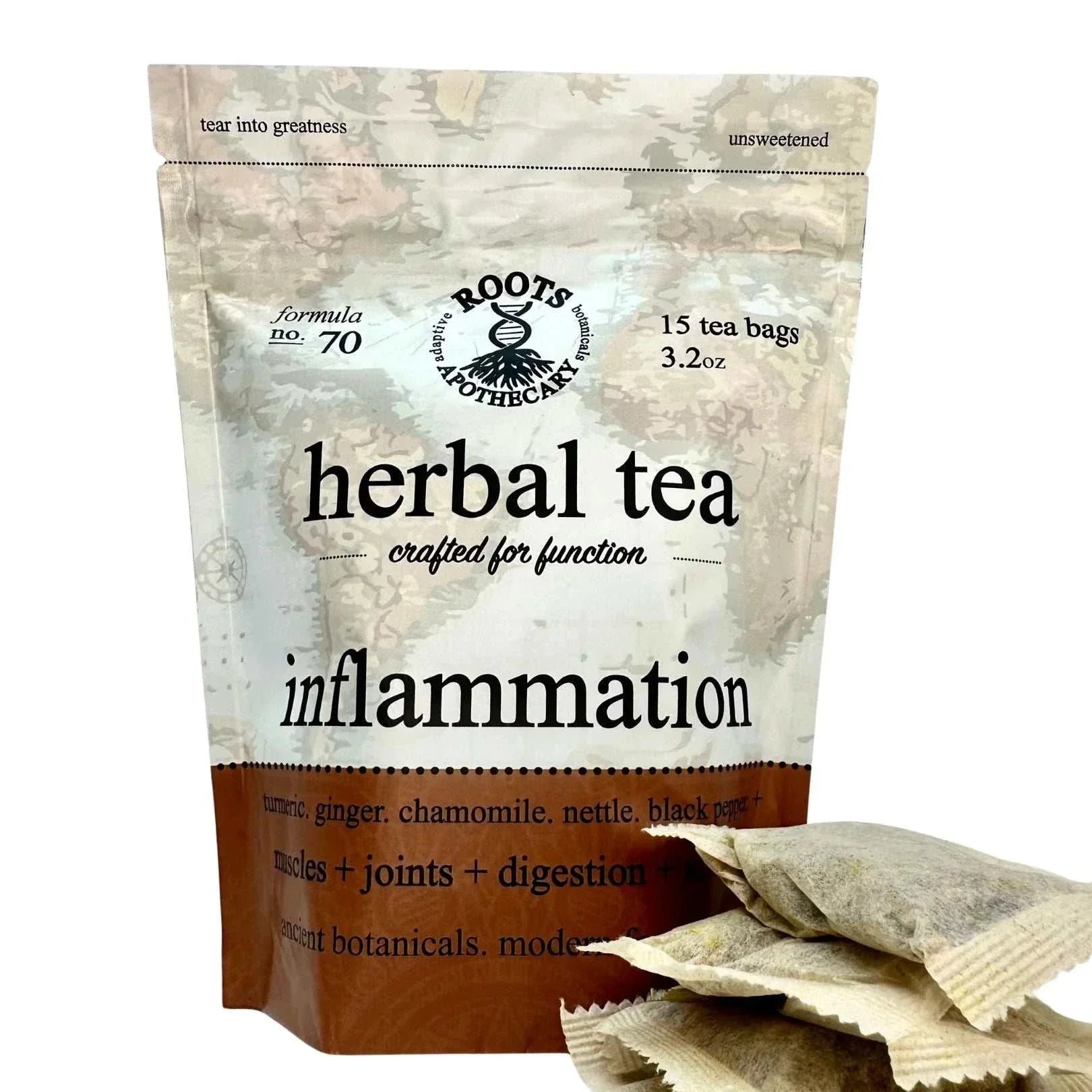Roots Apothecary Inflammation Herbal Tea bag packaging with turmeric, ginger, chamomile, nettle, and black pepper blend
