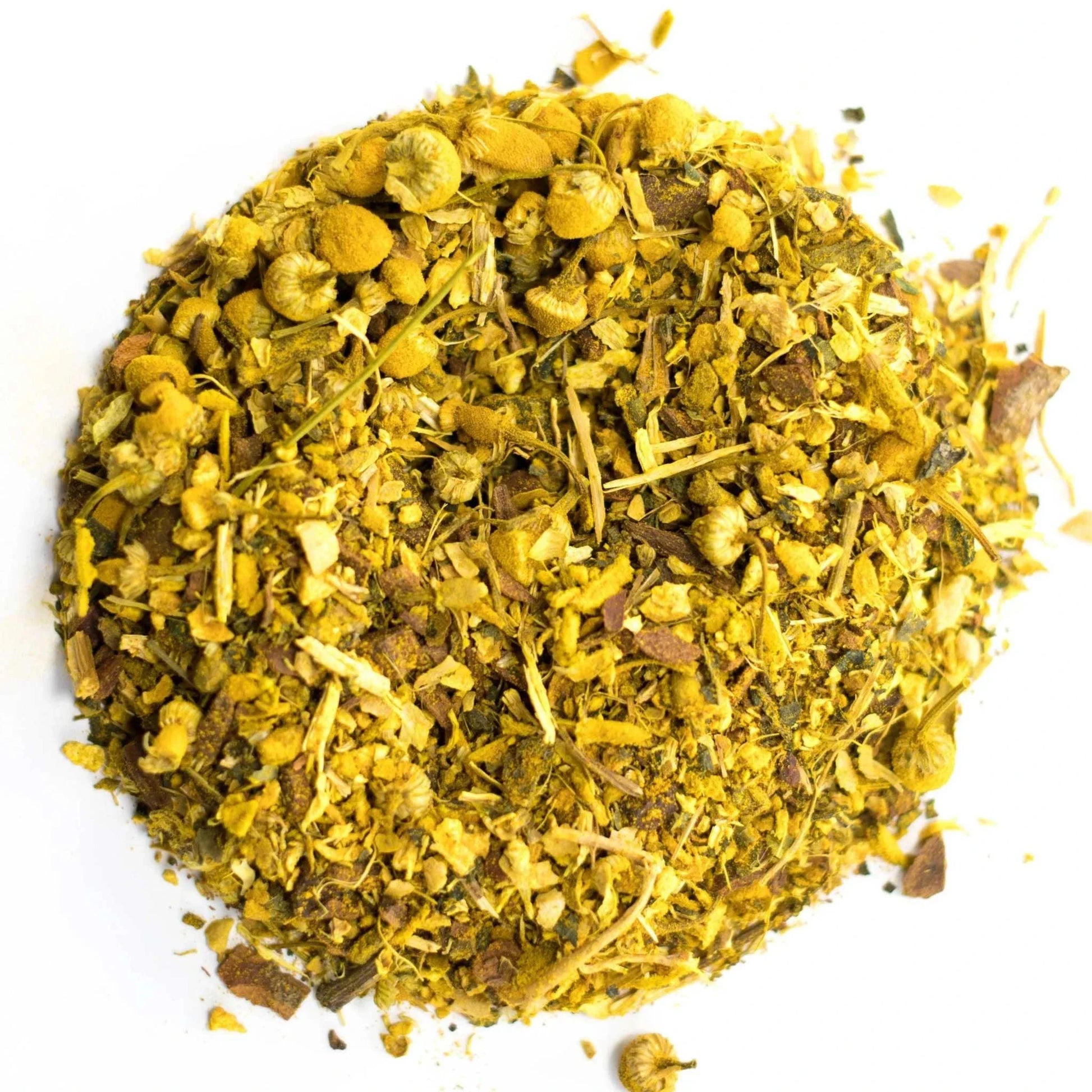 Roots Apothecary Inflammation Herbal Tea loose blend of chamomile, ginger, nettle, and spices on white background
