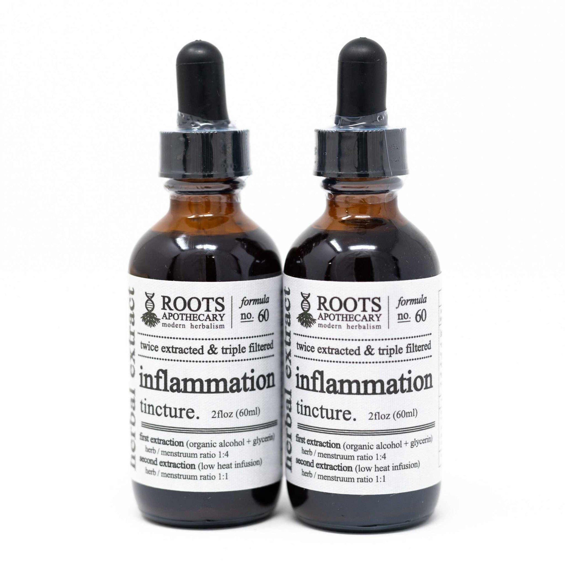 Roots Apothecary Inflammation Tincture, organic herbal supplement with turmeric and natural ingredients in amber glass bottles