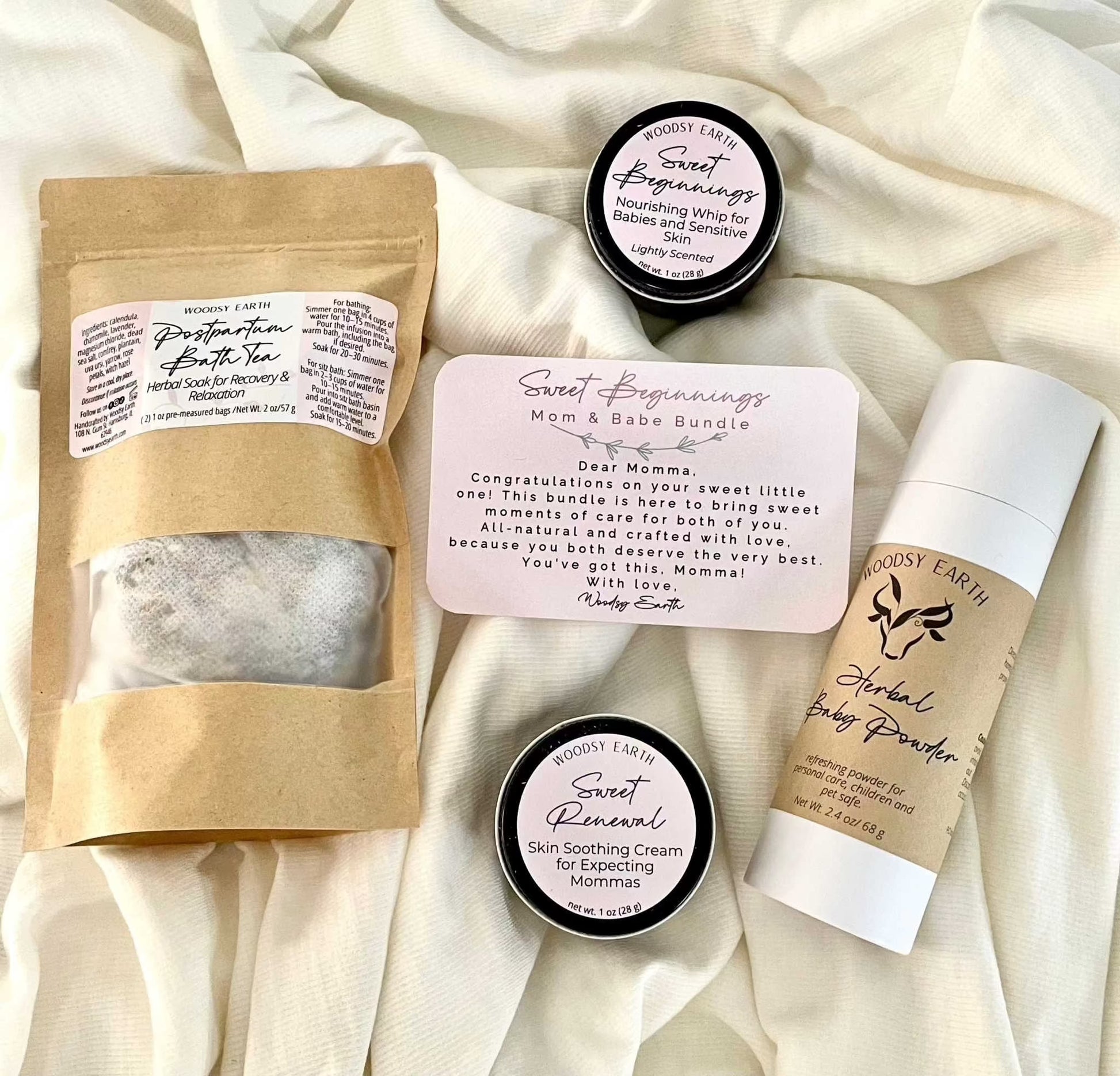 Woodsy Earth Sweet Beginnings Mom & Babe Gift Set with herbal sitz bath tea, soothing skin cream, baby powder, and natural balm for postpartum and newborn care