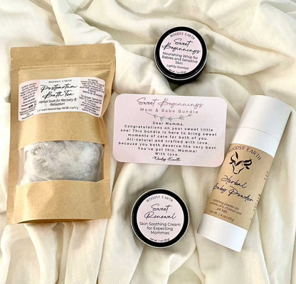 Woodsy Earth Sweet Beginnings Mom & Babe Gift Set with herbal sitz bath tea, soothing skin cream, baby powder, and natural balm for postpartum and newborn care