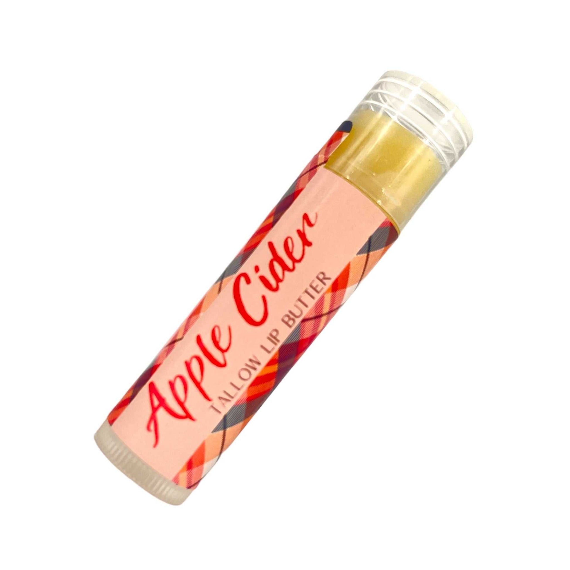 Apple Cider Tallow Lip Butter in a plaid label tube, natural moisturizing balm for soft lips.