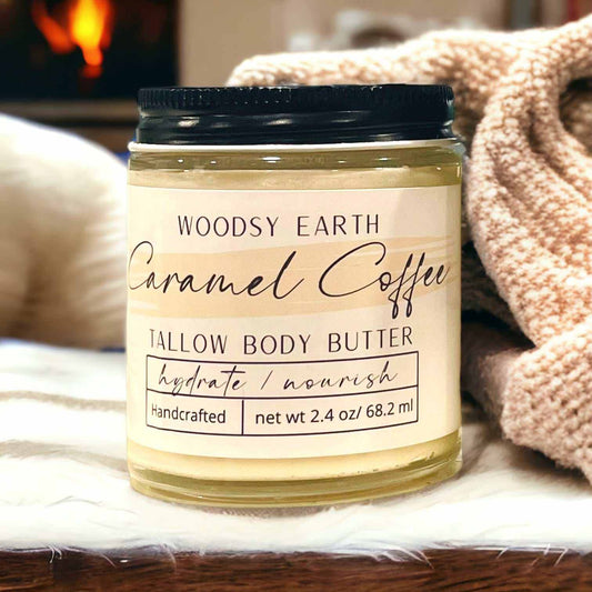 Caramel coffee tallow body butter by Woodsy Earth in a glass jar, handcrafted moisturizer for hydrating and nourishing skin.