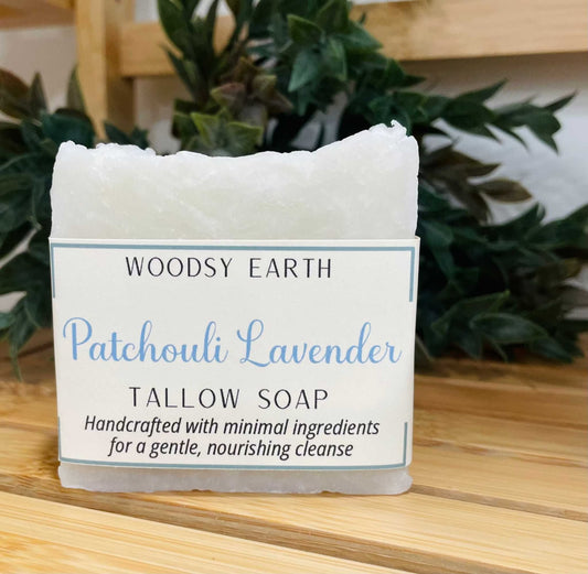 Woodsy Earth Patchouli Lavender Tallow Soap – handmade natural soap bar with nourishing ingredients for gentle, non-toxic cleansing